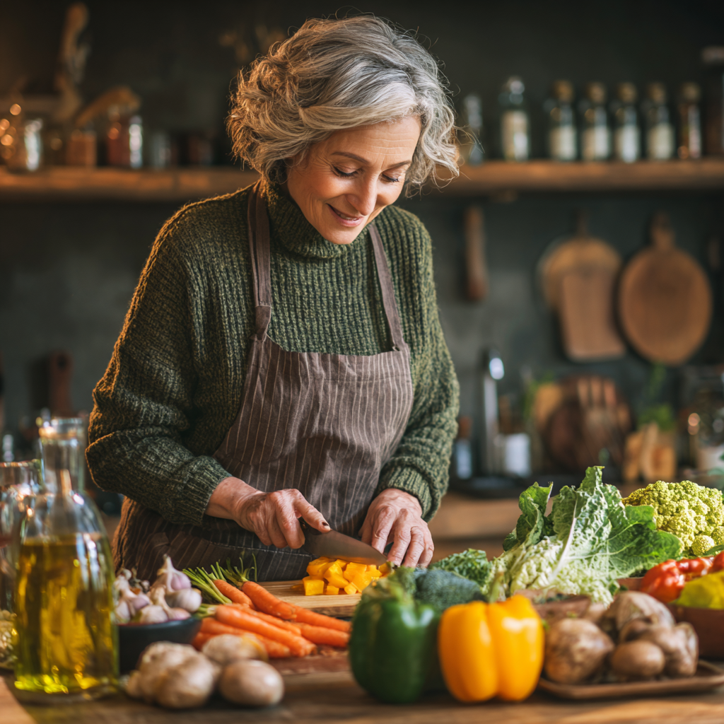 Middle-aged woman preparing nutritious meal with fresh vegetables and balanced ingredients