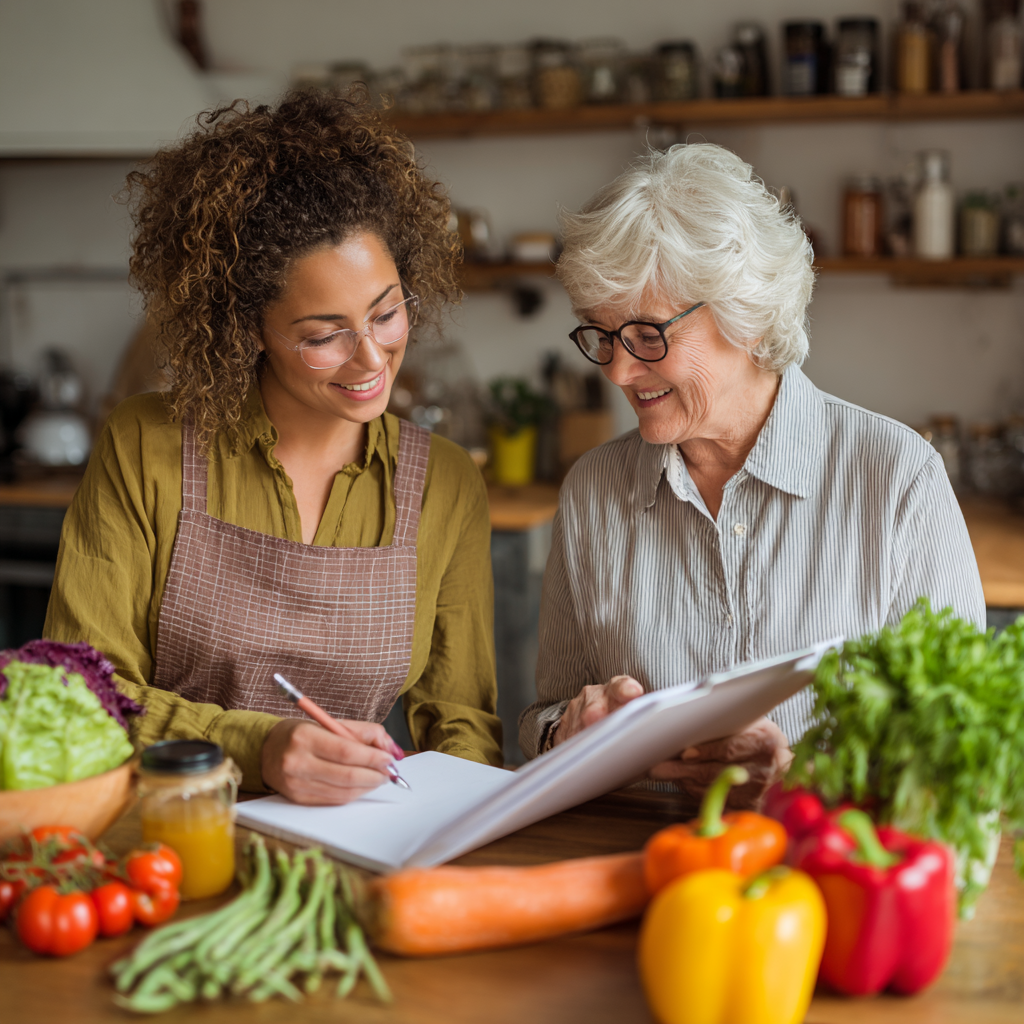 Professional nutritionist consulting with senior adult about balanced meal planning and healthy lifestyle choices